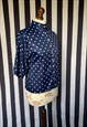 VINTAGE 80S NAVY SHORT PUFF SLEEVES BLOUSE, POLKA DOTS, UK8