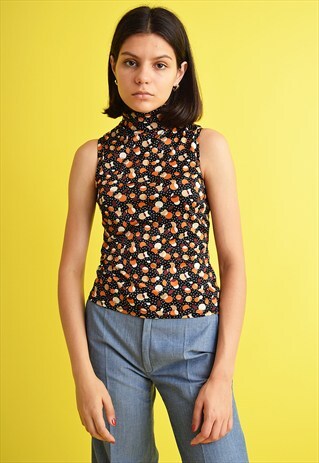 90'S GOES 70'S MOD PATTERN LYCRA TURTLENECK BLOUSE TOP