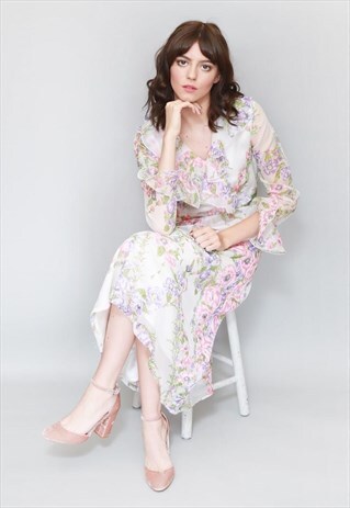 VINTAGE 1960'S WHITE MOHR KLEIDER FLORAL RUFFLE MIDI DRESS