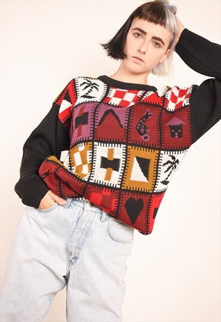 VINTAGE 80S ABSTRACT GRAPHIC PATTERN KNIT JUMPER IN MULTICOL