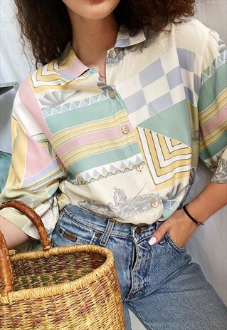 VINTAGE 80S MOD ABSTRACT PRINT HAUTE BOHEME BLOUSE TOP