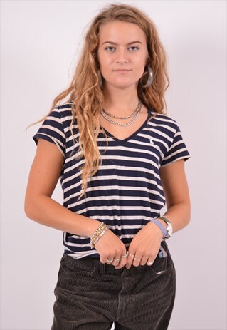 VINTAGE POLO RALPH LAUREN T-SHIRT TOP STRIPES NAVY BLUE