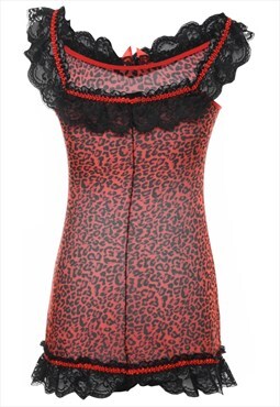 Vintage Leopard Print Red & Black Sheer Ruffled Lace Hem Bab
