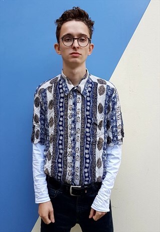 VINTAGE CREAM AND NAVY PATTERNED SHIRT