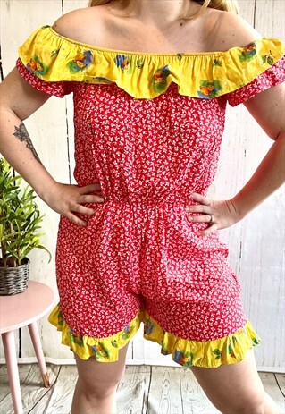 Vintage Red & Yellow Patterned Reworked 90's Playsuit