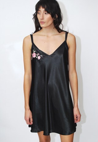 VINTAGE SLIP DRESS (L) BLACK 90S SATIN ROSE EMBROIDERED MINI
