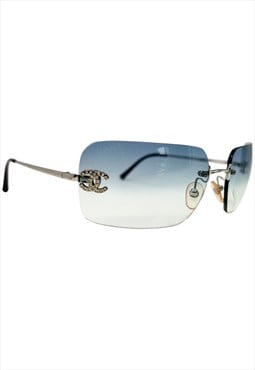 Chanel Rimless Sunglasses Rectangle Crystal Blue Tinted