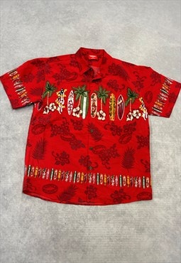 Vintage Hawaiian Shirt Surf Board Palm Tree Patterned Shirt