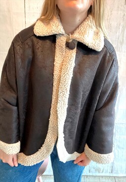 Vintage Boho Brown Button Shearling 70's Coat Cape