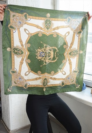 Vintage Green Patterned Silk Scarf