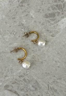 Freshwater Pearl Drop 14ct Gold Hoop Earrings