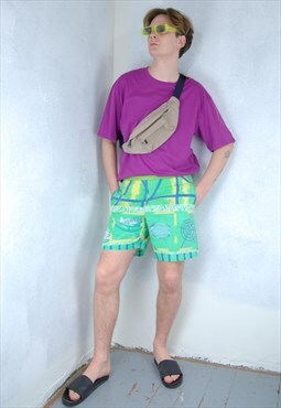 Vintage 90's funky peace abstract neon green board shorts 