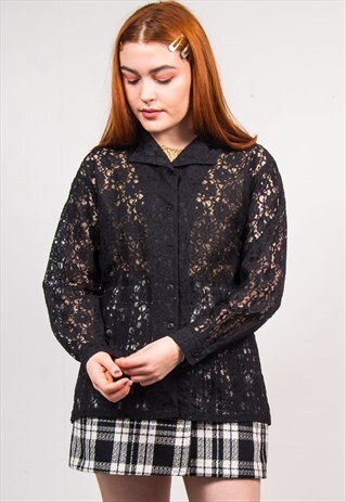 90'S BLACK LACE OPEN COLLAR LONG SLEEVE BLOUSE SHIRT