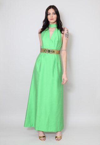 REVIVAL 70'S VINTAGE DRESS GREEN GOLD HALTER NECK MAXI