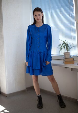 VINTAGE 80'S MINI BLUE LONG SLEEVED FRILL BOTTOM DRESS
