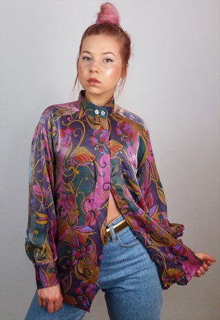 VINTAGE 80'S SILKY PATTERNED BUTTON-UP SHIRT / BLOUSE