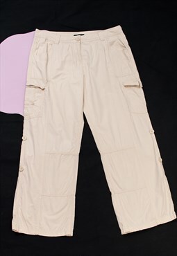 Vintage Cargo Trousers Y2K Utility Flare Pants in Beige Cott