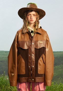 Faux leather varsity jacket contrast college bomber in brown