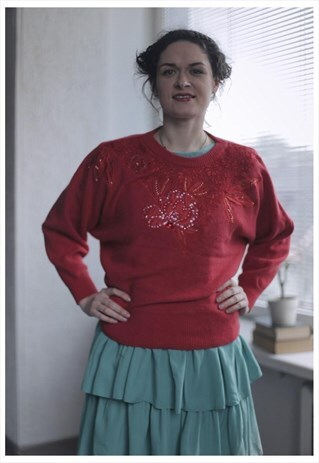 VINTAGE 80'S RED WOOL SEQUIN FRONT JUMPER