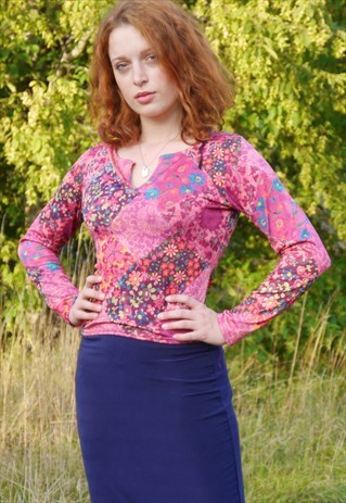VINTAGE 90S Y2K PAISLEY PRINT LONG SLEEVE PINK ORANGE TOP