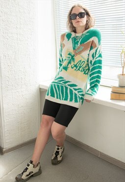 Vintage 80's White/Green Abstract Long Fit Knitted Jumper