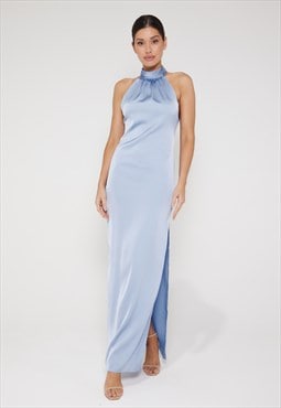 Harley Halter Neck Satin Maxi Dress - Ice Blue