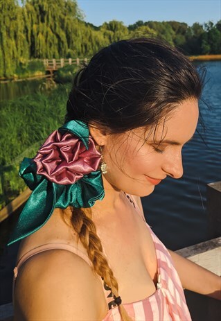 PINK ROSE FLOWER SATIN SCRUNCHIE