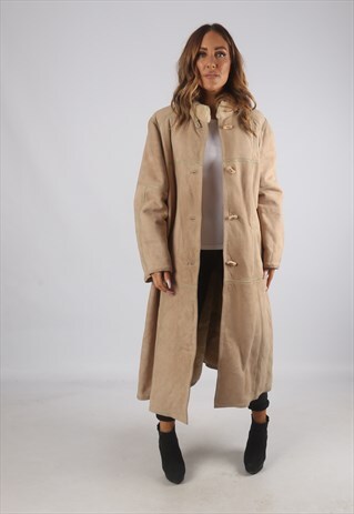 VINTAGE SHEEPSKIN SUEDE SHEARLING COAT LONG UK 16 XL (J9AD)