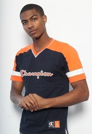 VINTAGE CHAMPION V NECK EMBROIDERED LOGO T-SHIRT BLUE ORANGE