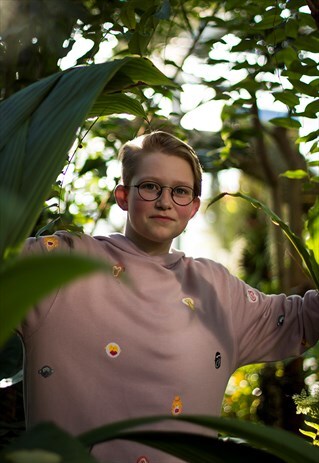 HAND PAINTED MONKEY FACES, LILAC ORGANIC HOODED SWEATER