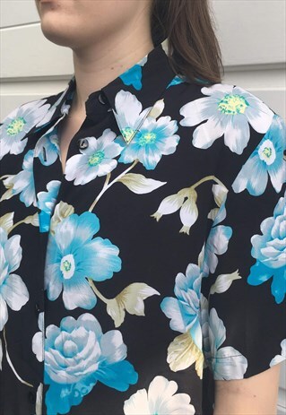WOMENS VINTAGE 80S BLOUSE BLUE BLACK FLORAL PATTERNED SHIRT