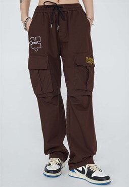 Cargo pocket jeans wide logo patch pants in brown