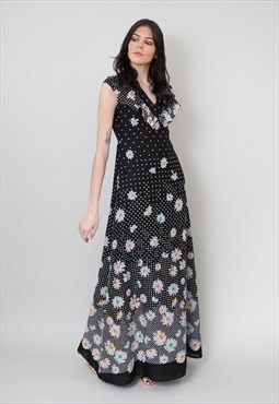 70's Vintage Black Ruffle Polka Dot Floral Daisy Maxi Dress 