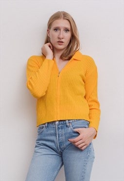Vintage Women's S Crop Sweater Cardigan Yellow Full Zip Up