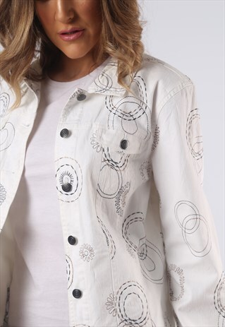 VINTAGE DENIM JACKET EMBROIDERED UK 12 MEDIUM (GOAG)