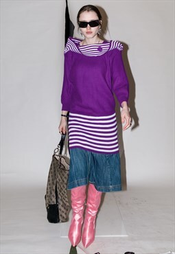 Vintage Y2K cozy striped sweater dress in bright purple