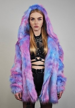 Neon faux fur jacket detachable hood festival coat blue pink