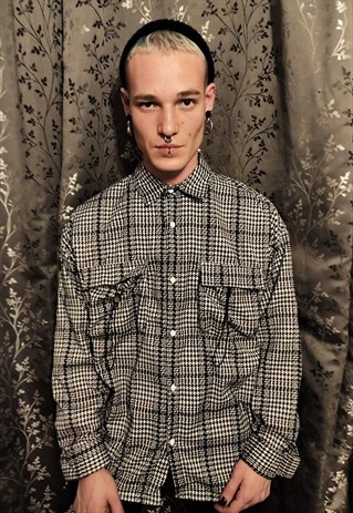 LOOSE FIT OVERSIZE DOG TOOTH CHECK POCKET BEAM CURVED SHIRT