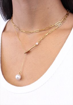 Layered 18k Gold Rectangular Chain Link Hanging Pearl