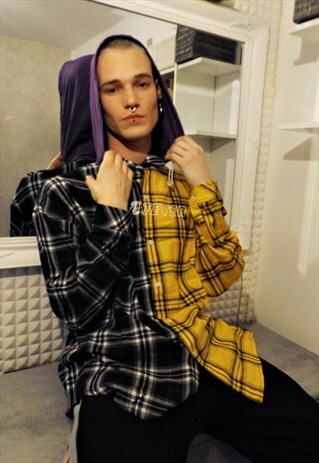 LOOSE FIT CONTRAST HORIZONTAL PLAID CHECK HOODED SHIRT