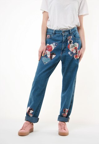 80S VINTAGE PATTERN PATCHWORK MOMS HIGH WAISTED JEANS 731