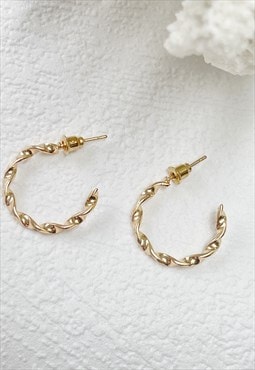 Gold Twisted Textured Hoop Circle Everyday Earrings