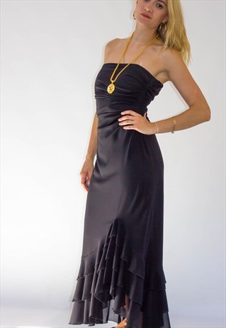 VINTAGE 90'S BLACK BANDEAU RUFFLED CHIFFON PROM DRESS