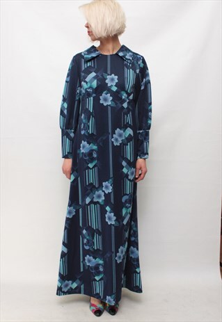 VINTAGE 70' BEAUTIFUL AMAZING MAXI NAVY BLUE FLOWER DRESS