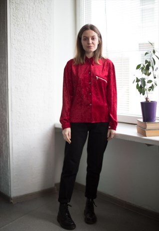 VINTAGE 80'S BURGUNDY RED VELVET STRIPED SHIRT