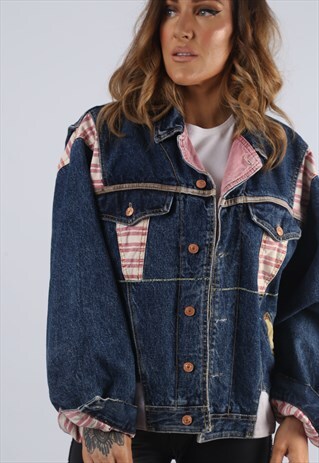 VINTAGE DENIM JACKET STRIPED OVERSIZED FITTED UK L 14 (J2W)