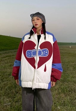 Heart patch bomber jacket futuristic love varsity coat white