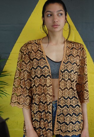 Y2K BLACK WITH GOLD LACE EMBROIDERED KIMONO