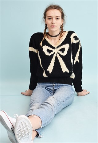 80'S RETRO RIBBON PATTERN BEADED MOMS KNIT JUMPER