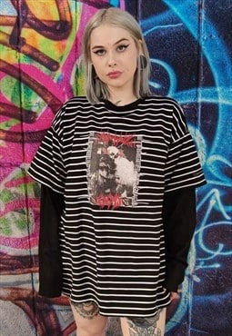 Horizontal stripe double sleeve top Creepy clown t-shirt 